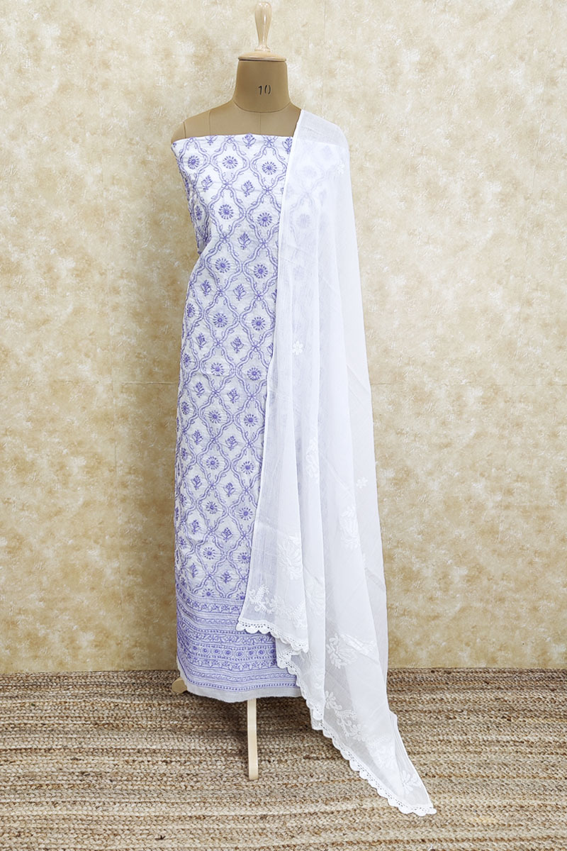 Blue Color Hand Embroidered Luckowi Chikankari Suit With Stitching Mulmul Dupatta(cotton) Mc251920